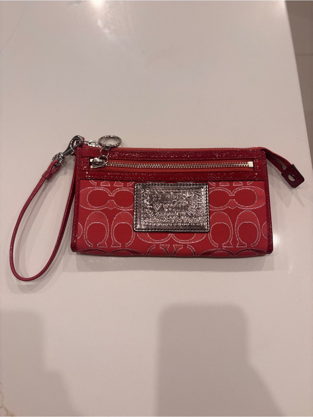 Coach Red Signature Wristlet with Silver Plaque
